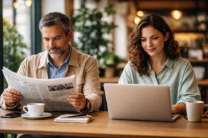 deux personnes attablées: un lit un journal une fait de la rédaction web seo sur ordinateur