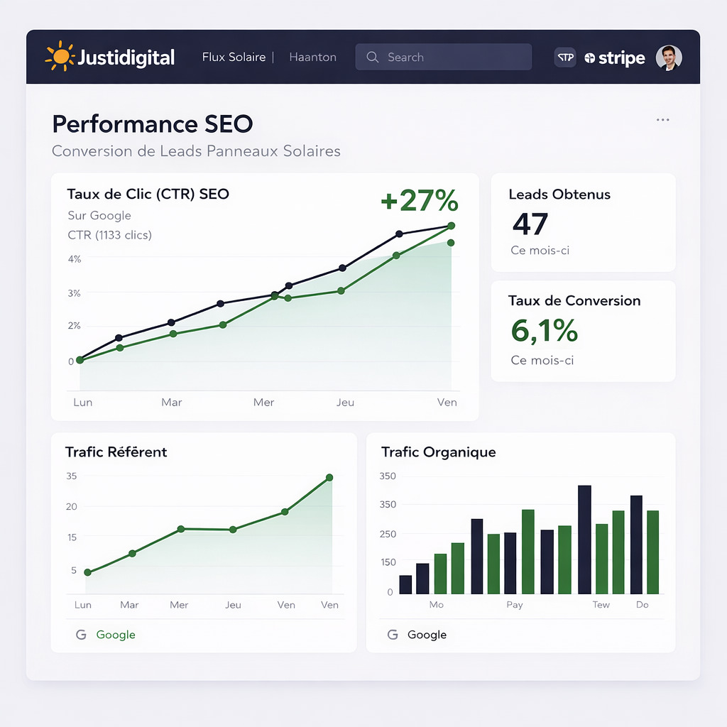 dashboard seo justidigital montrant les performances de conversion de leads photovoltaïques avec taux de clic, trafic organique et taux de conversion